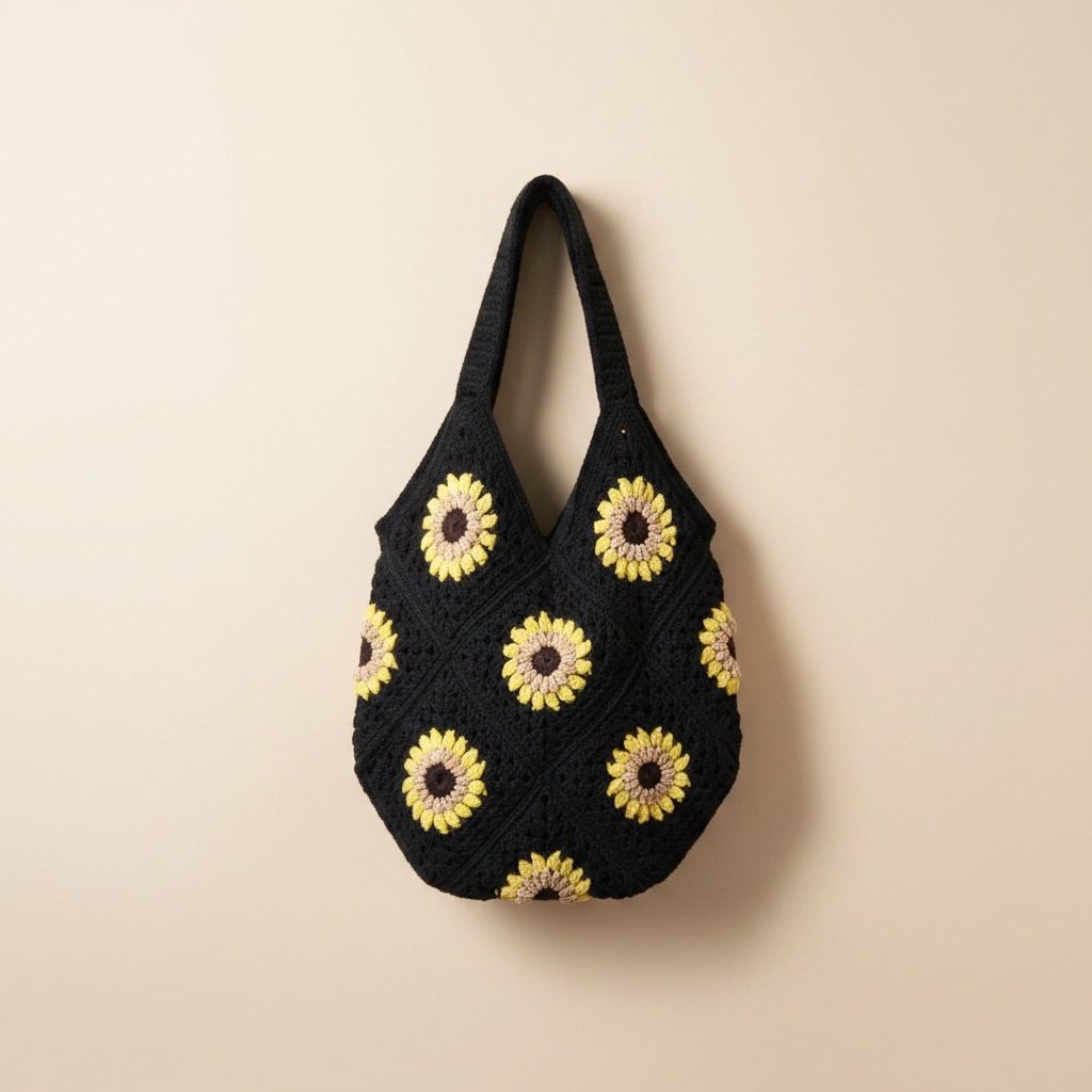 Onyx Sunflower Granny Tote · butter and umber squares on black.