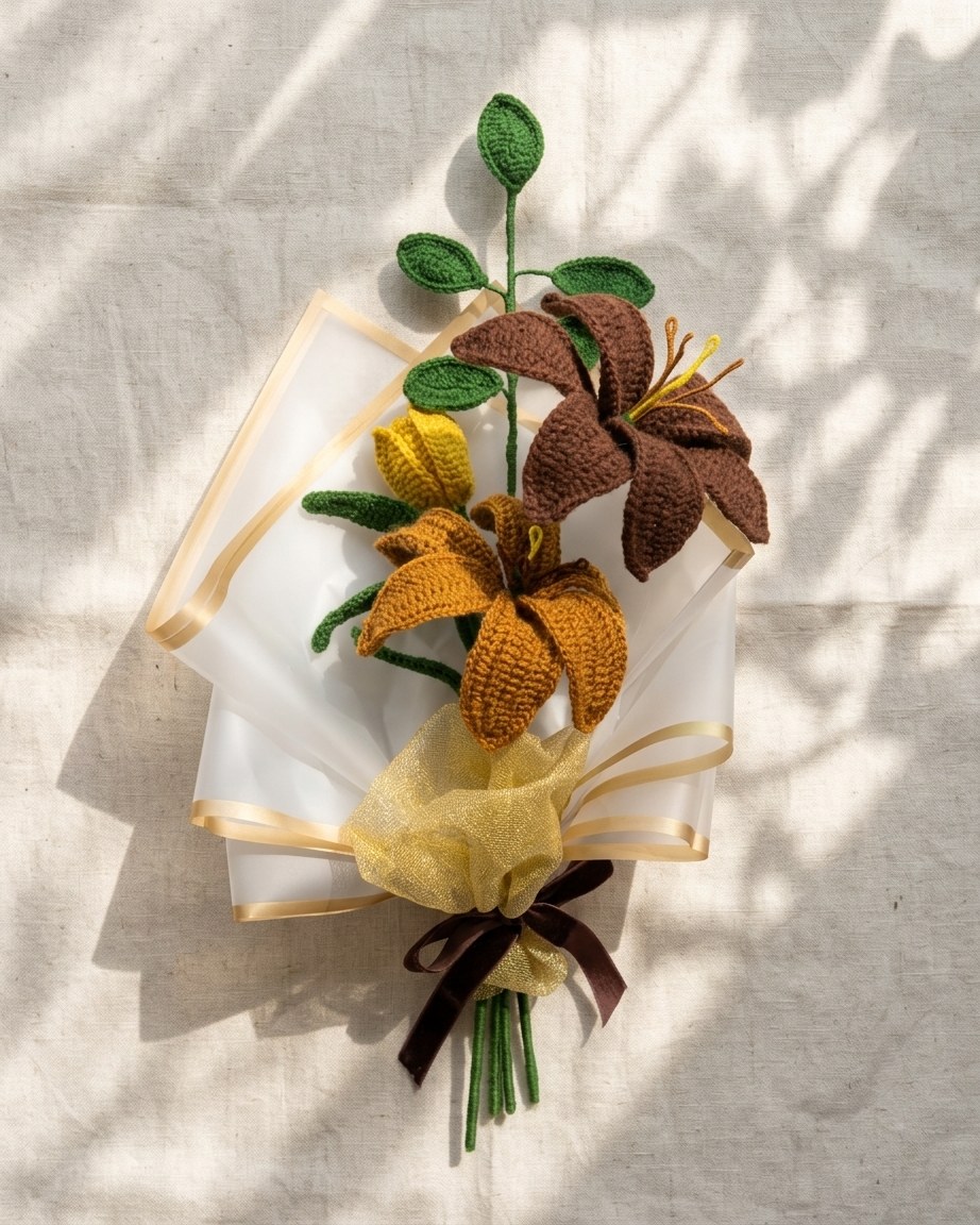 Golden lilies at rest on linen — composed by a single hand